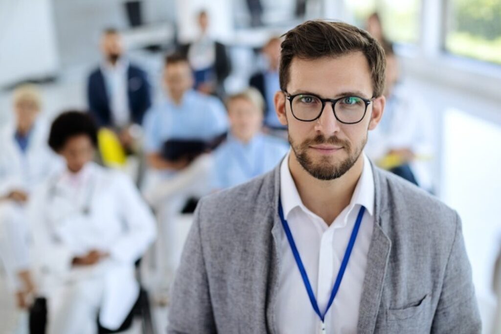 A health education specialist prepares to give a presentation to medical staff.