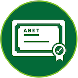 An icon of a certificate with the letters ABET in the top left corner