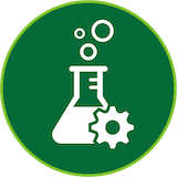 An icon of a beaker with a gear in the lower right corner
