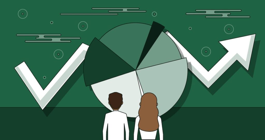 A graphic of a man and a woman looking at a pie chart with a large arrow behind it