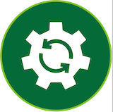 An icon of a gear with two revolving arrows inside