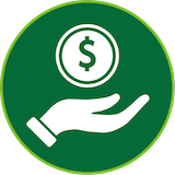 An icon of a hand, palm facing up, and a circle with a money sign inside it