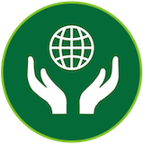 An icon of two hands facing with palms up and a graphic of the earth in the middle