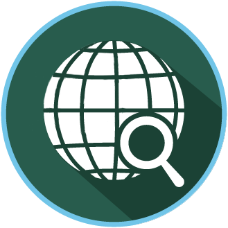 Icon of a globe with a magnifying glass.