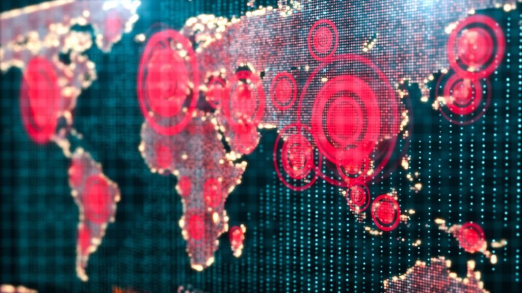 A dynamic digital map displays worldwide locations of virus outbreaks.
